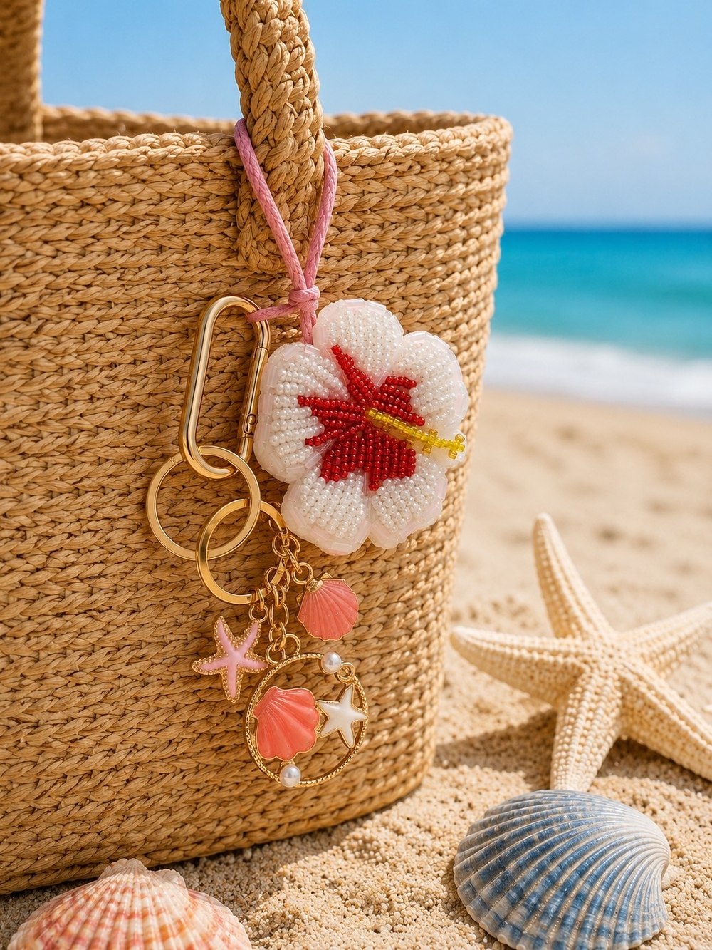 Beaded Hibiscus Keychain Charm for Women - Pink & White